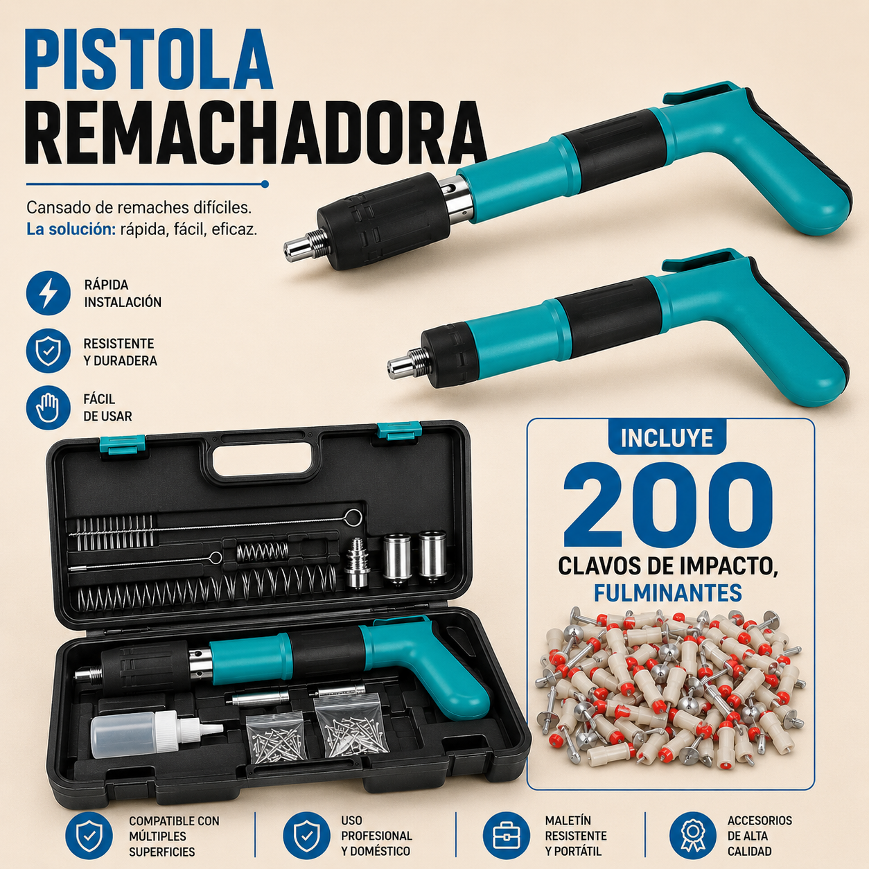 Pistola de Clavos | +200 clavos impacto fulminantes