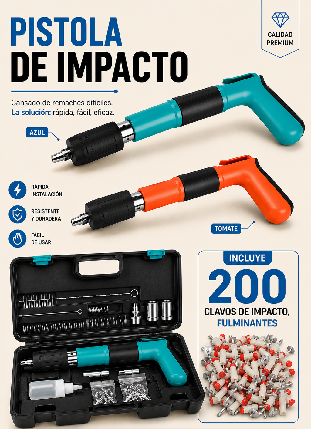 Pistola de Clavos | +200 clavos impacto fulminantes